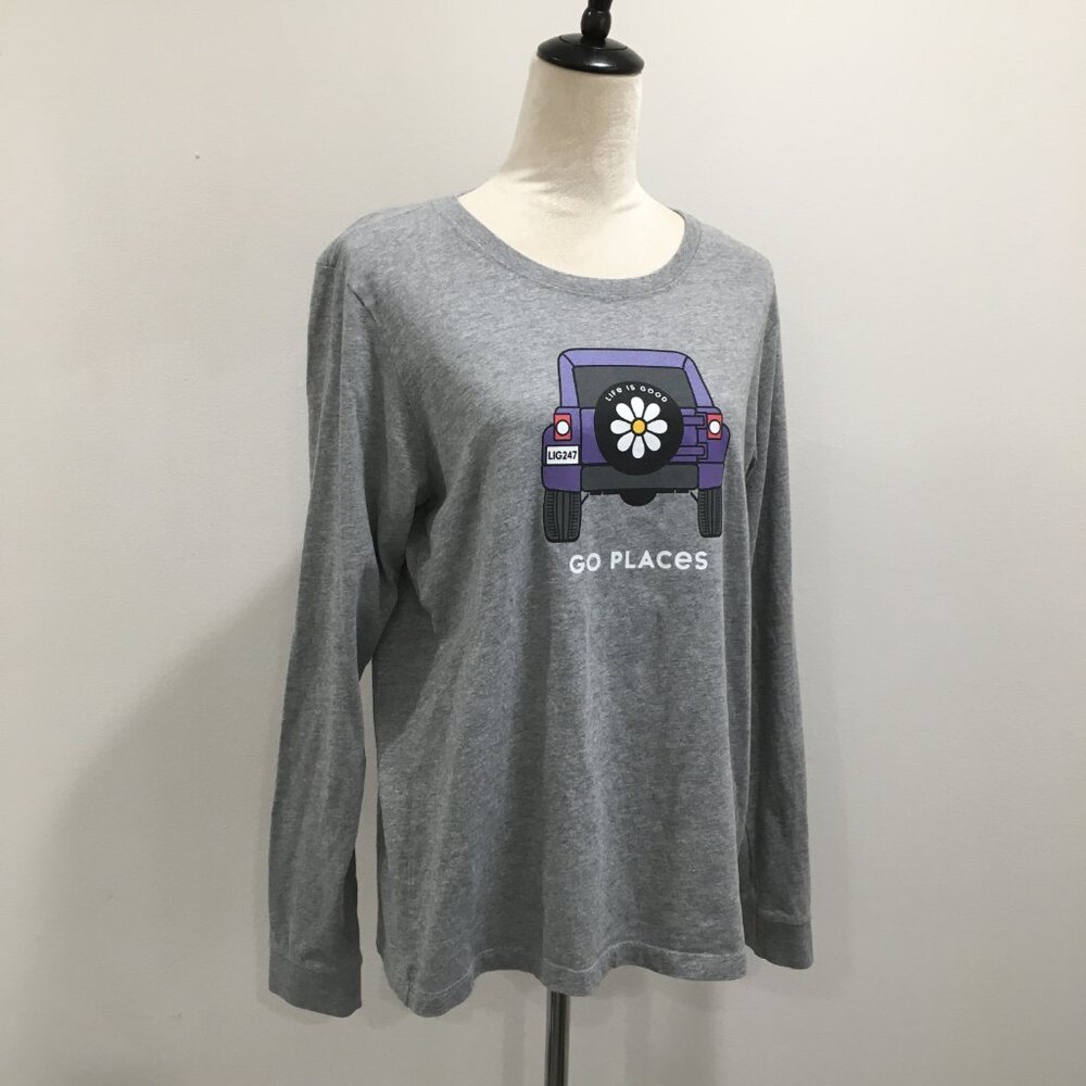LIFE IS GOOD Crusher Tee Gray Multi-Color GO PLACES Print Long Sleeve Shirt